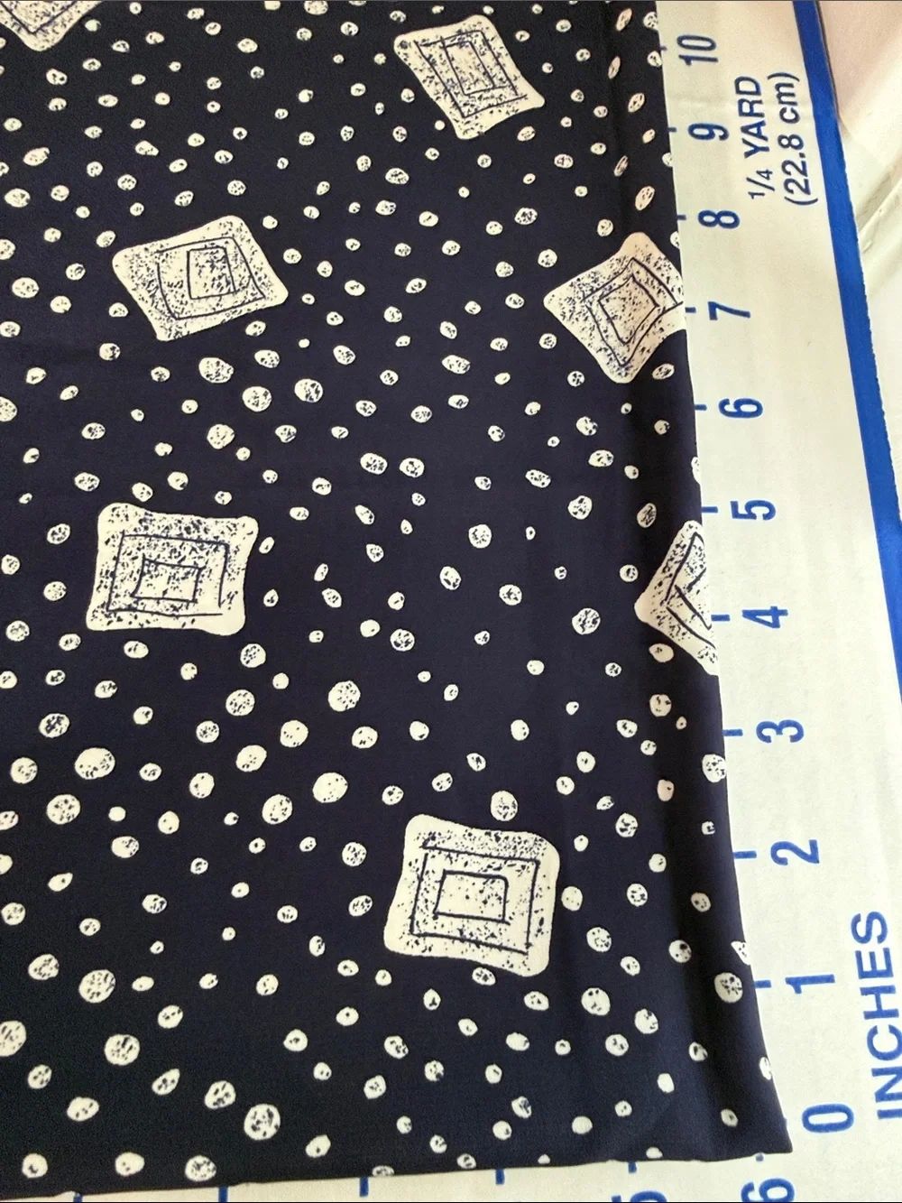 Vintage 1970s 80s Dark Navy Cream Abstract Dot Geometric Fabric 2.5 Yards x 44”